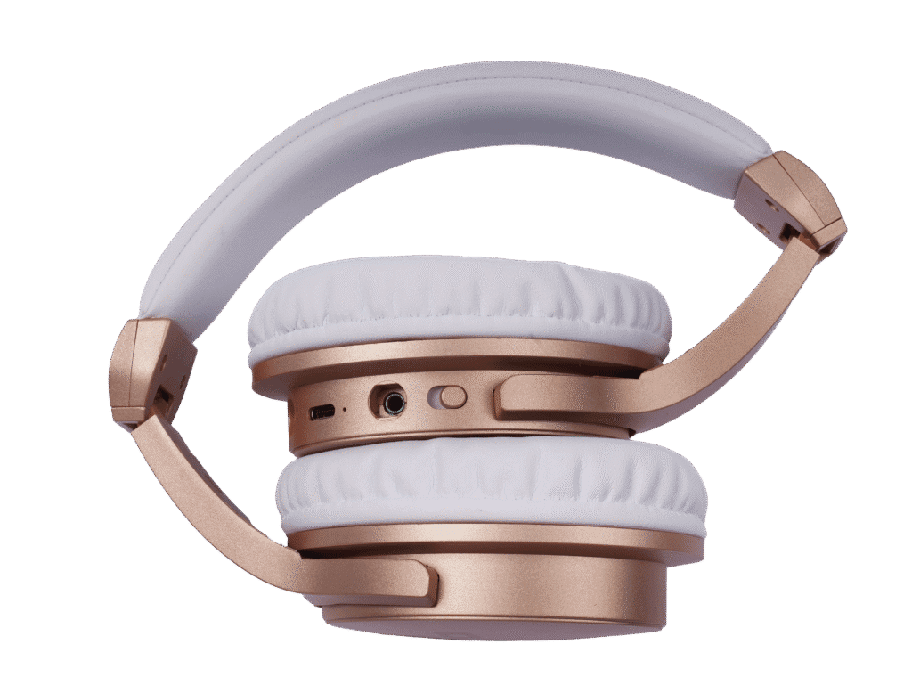 Wireless over-ear headphones with rose gold accents and white ear cushions, ideal for high-quality audio and comfortable listening experiences. Perfect for music lovers and tech enthusiasts.