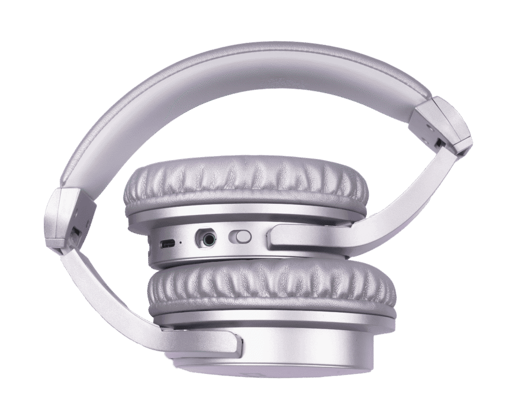 Wireless silver over-ear headphones with cushioned ear pads perfect for Islamic Quran recitation and study, emphasizing quality sound and comfort for Quran Studio enthusiasts.